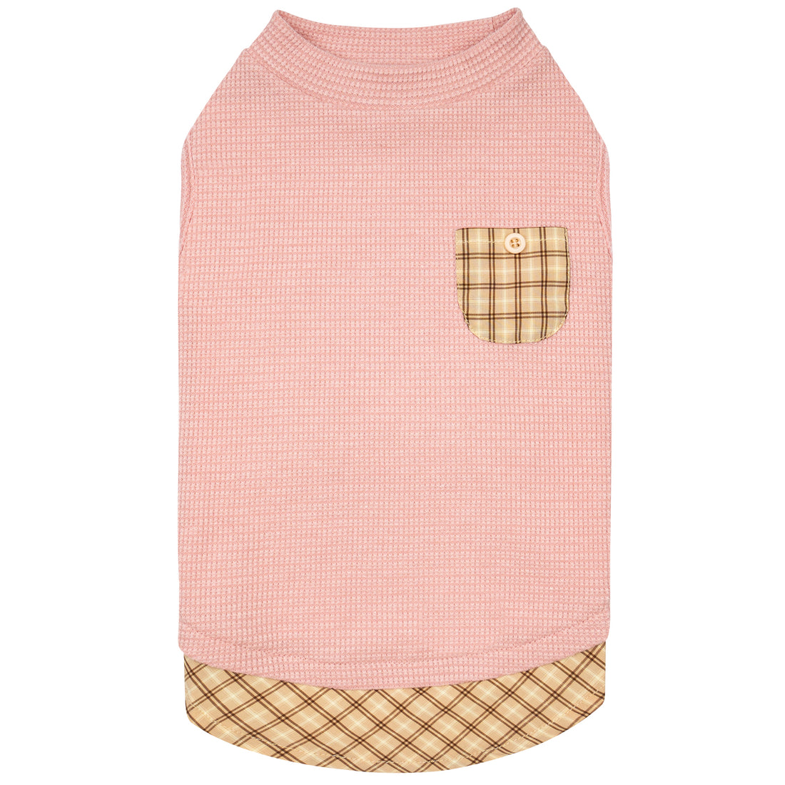 Pink waffle sleeveless dog shirt with round neck and plaid pocket