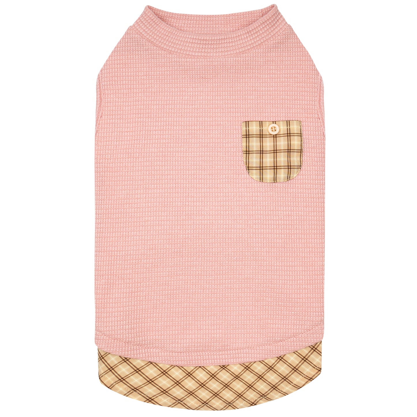 Pink waffle sleeveless dog shirt with round neck and plaid pocket