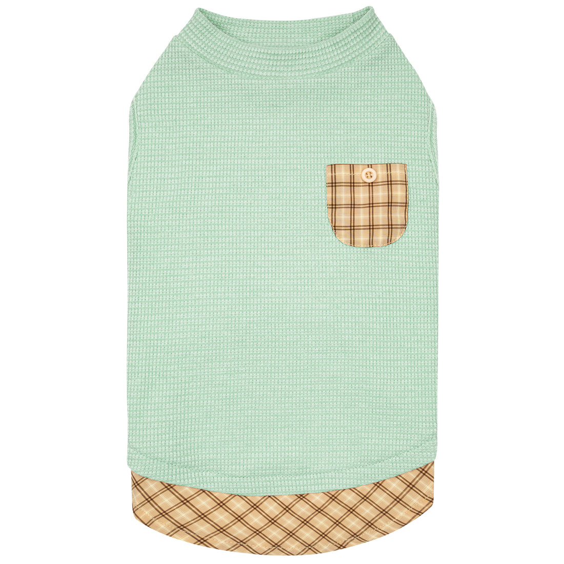 Light green sleeveless dog shirt with tan plaid pocket and plaid hem