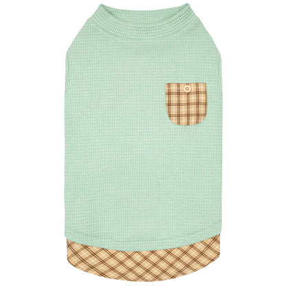Light green sleeveless dog shirt with tan plaid pocket and plaid hem