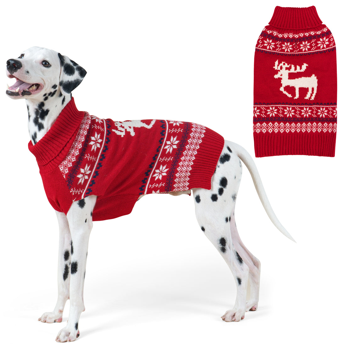 Red knit dog sweater with fair isle reindeer and snowflake pattern, turtleneck