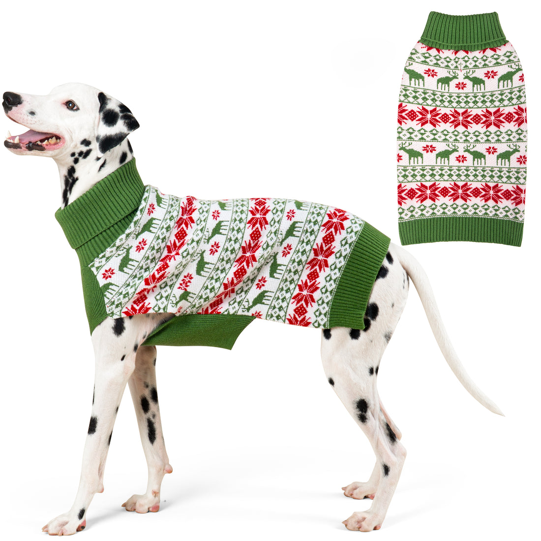 Dog sweater green with red/white fair isle jacquard pattern