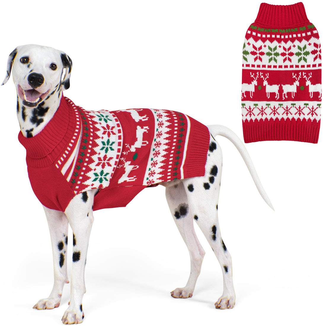 Red jacquard dog sweater with reindeer and snowflake fair isle pattern, ribbed turtleneck