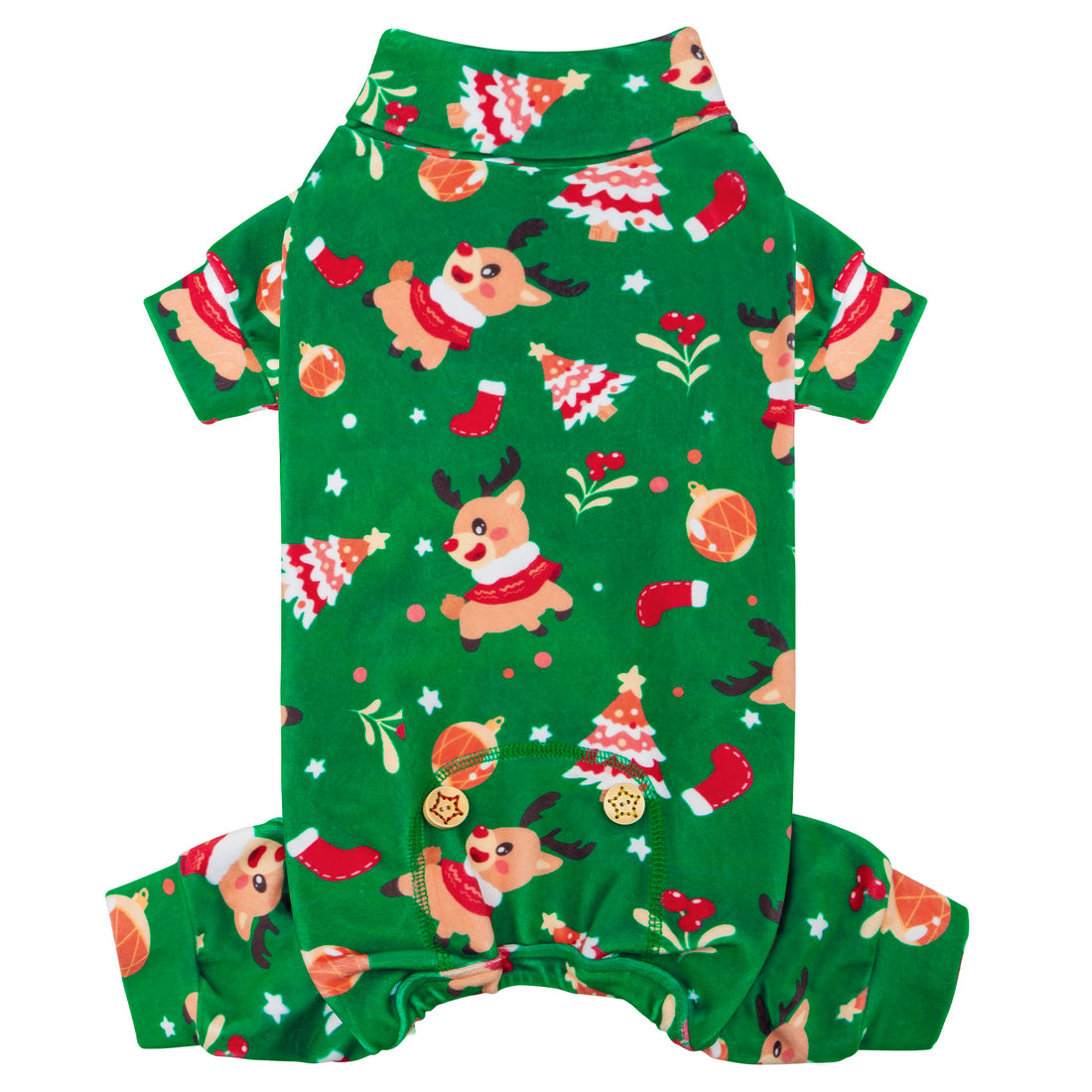 Green turtleneck dog Christmas pajamas with cartoon holiday animal pattern, long sleeves