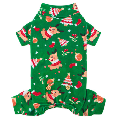 Green turtleneck dog Christmas pajamas with cartoon holiday animal pattern, long sleeves