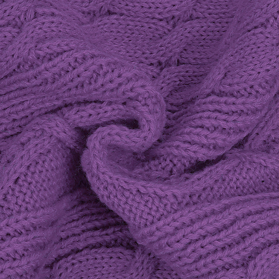 Purple cable knit dog sweater fabric with raised textured cable stitches