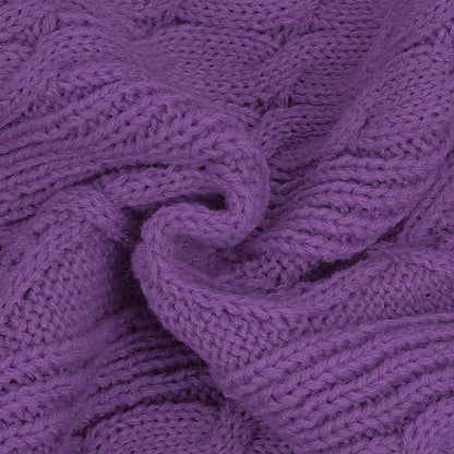 Purple cable knit dog sweater fabric with raised textured cable stitches
