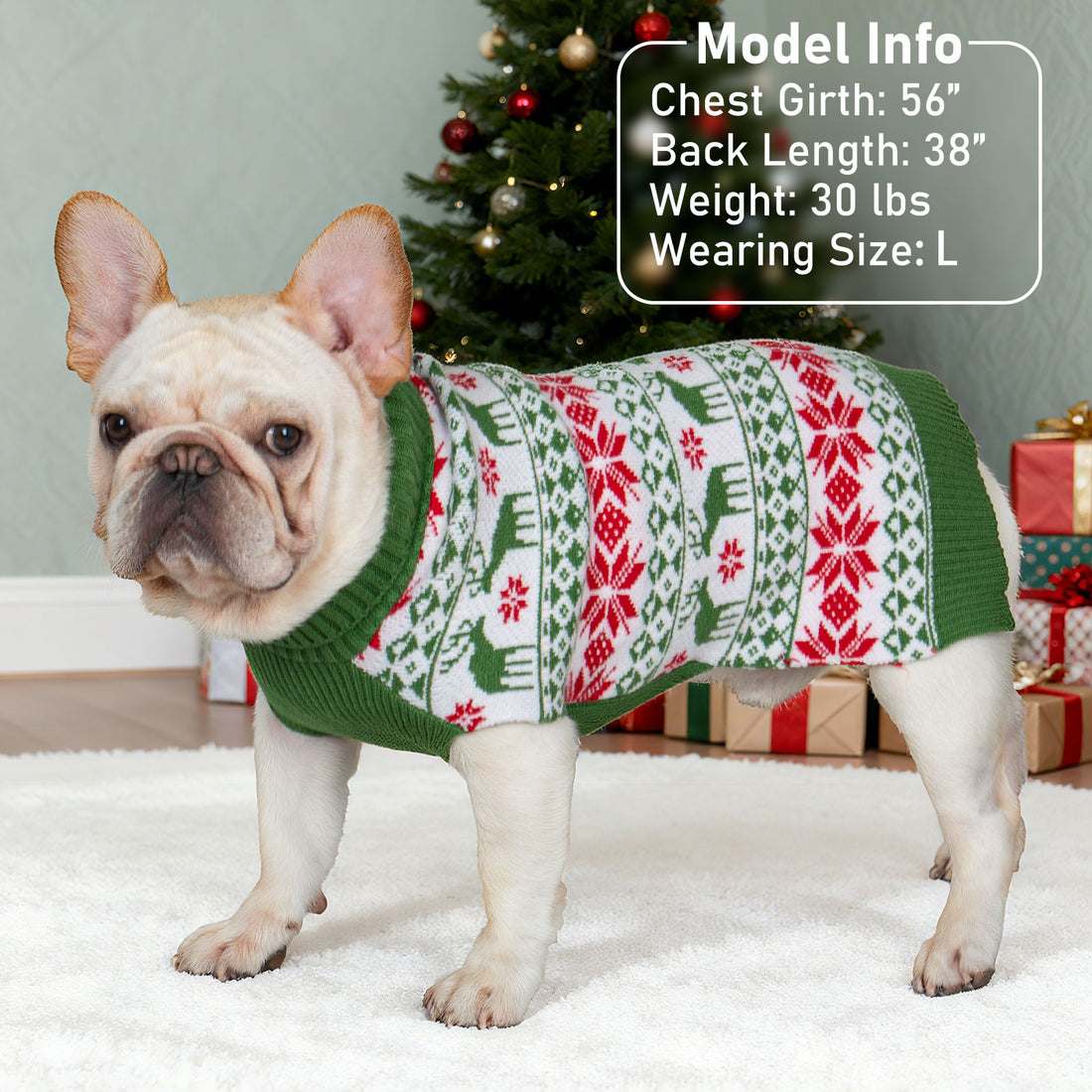 Dog sweater green with red/white fair isle stripes and ribbed turtleneck
