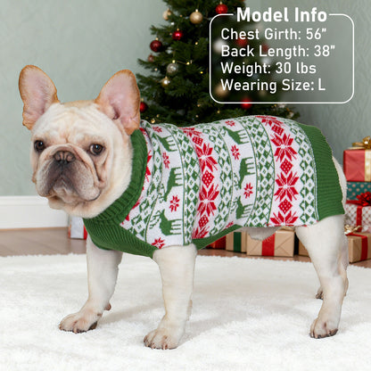 Dog sweater green with red/white fair isle stripes and ribbed turtleneck