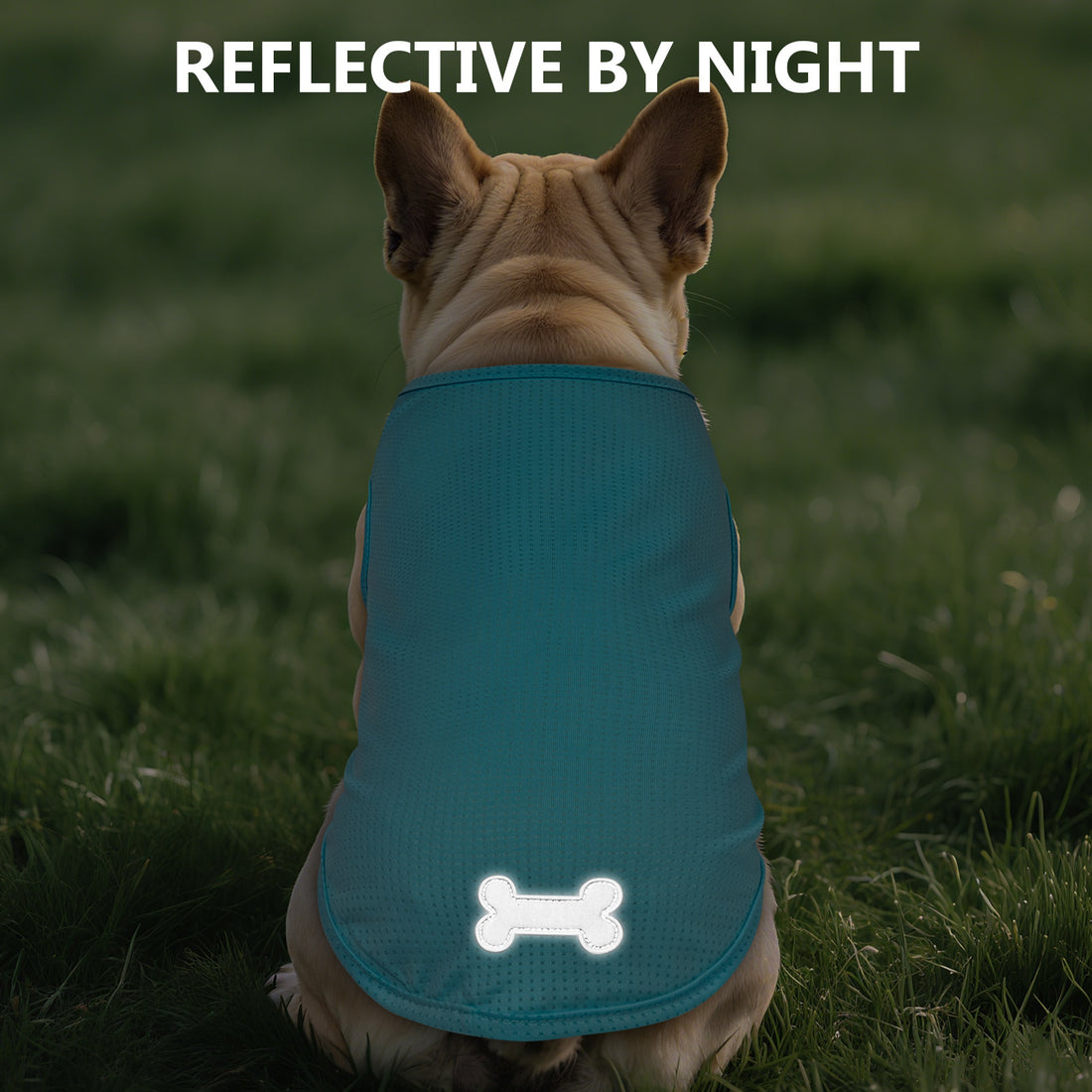 Mesh breathable dog shirt in teal with white bone emblem on hem