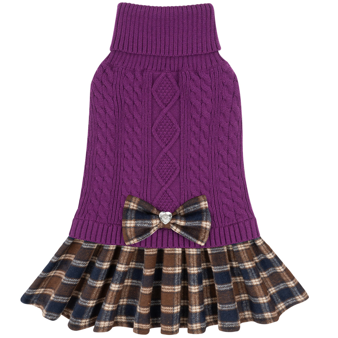 Purple cable knit dog sweater with turtleneck and brown plaid bow with jeweled center