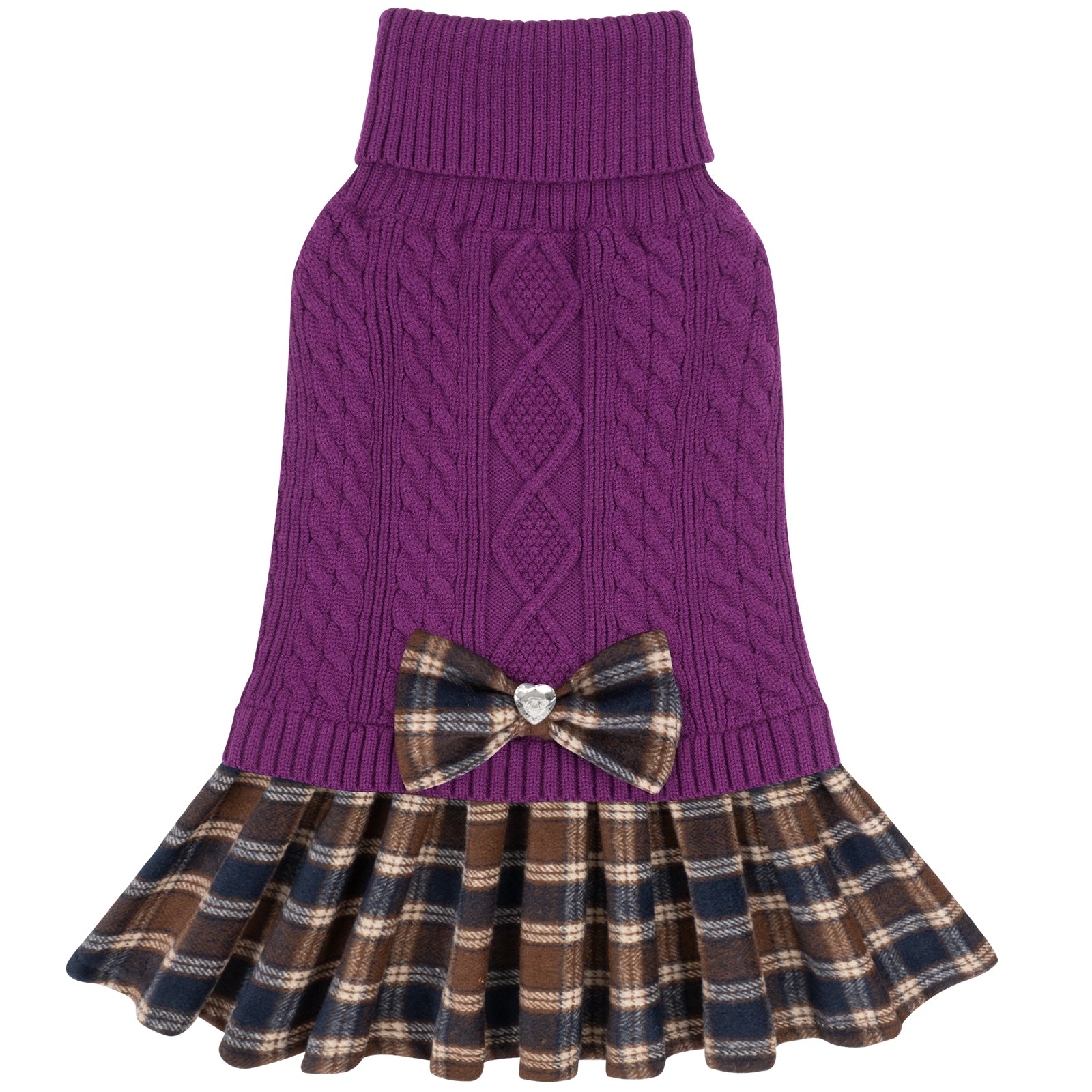 Purple cable knit dog sweater with turtleneck and brown plaid bow with jeweled center