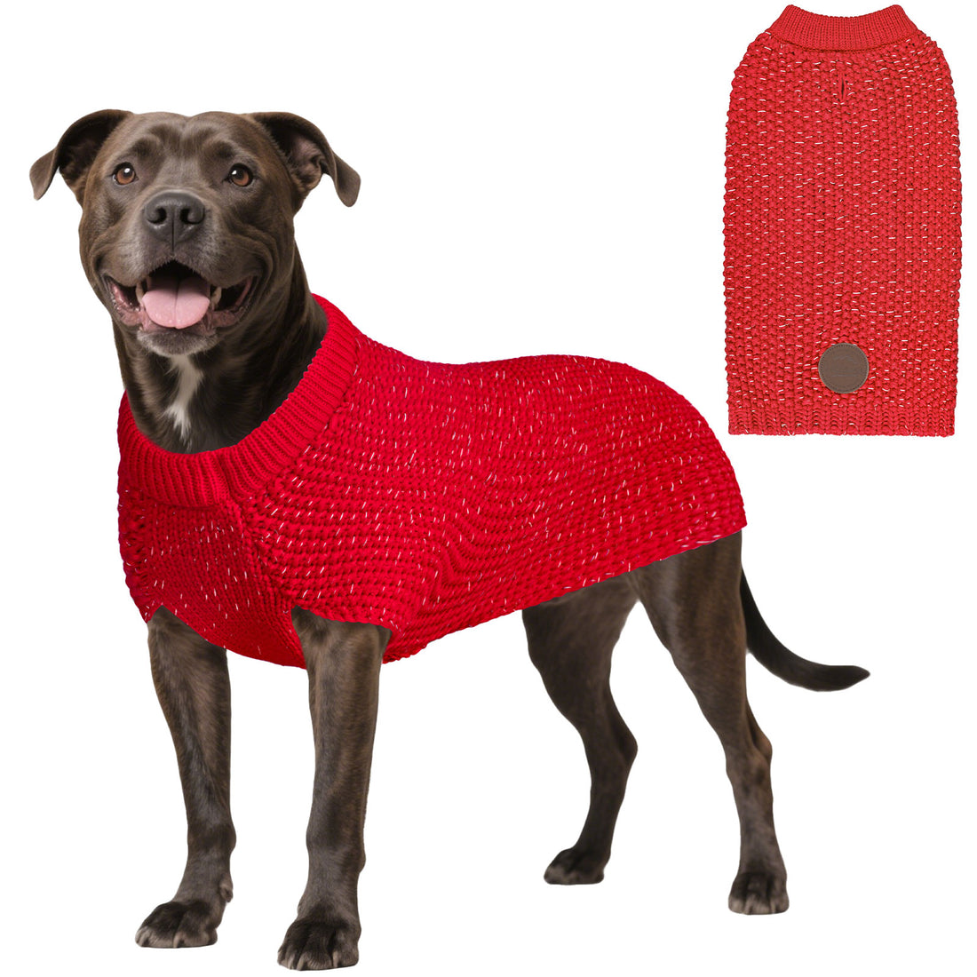 Hunter-style reflective dog sweater in red knit, side view with tan patch