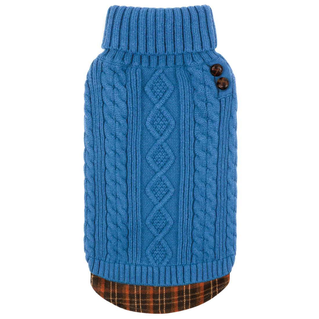 Blue cable-knit dog turtleneck sweater with ribbed collar and two-button detail
