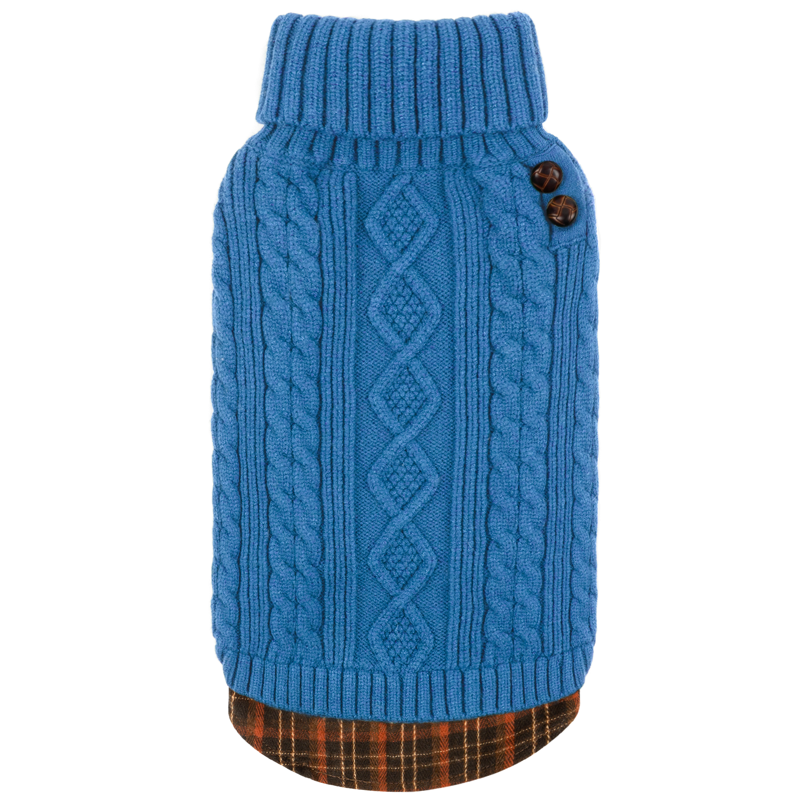 Blue cable-knit dog turtleneck sweater with ribbed collar and two-button detail