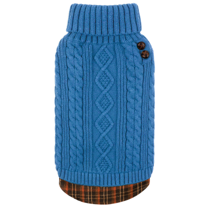 Blue cable-knit dog turtleneck sweater with ribbed collar and two-button detail