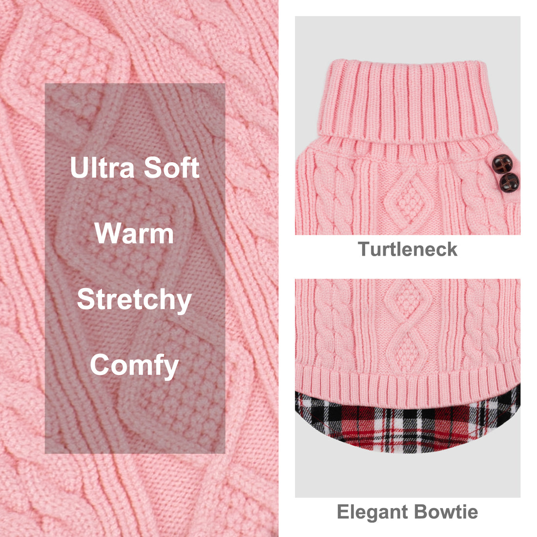 Pink cable-knit turtleneck dog sweater with ribbed neckline and plaid hem panel