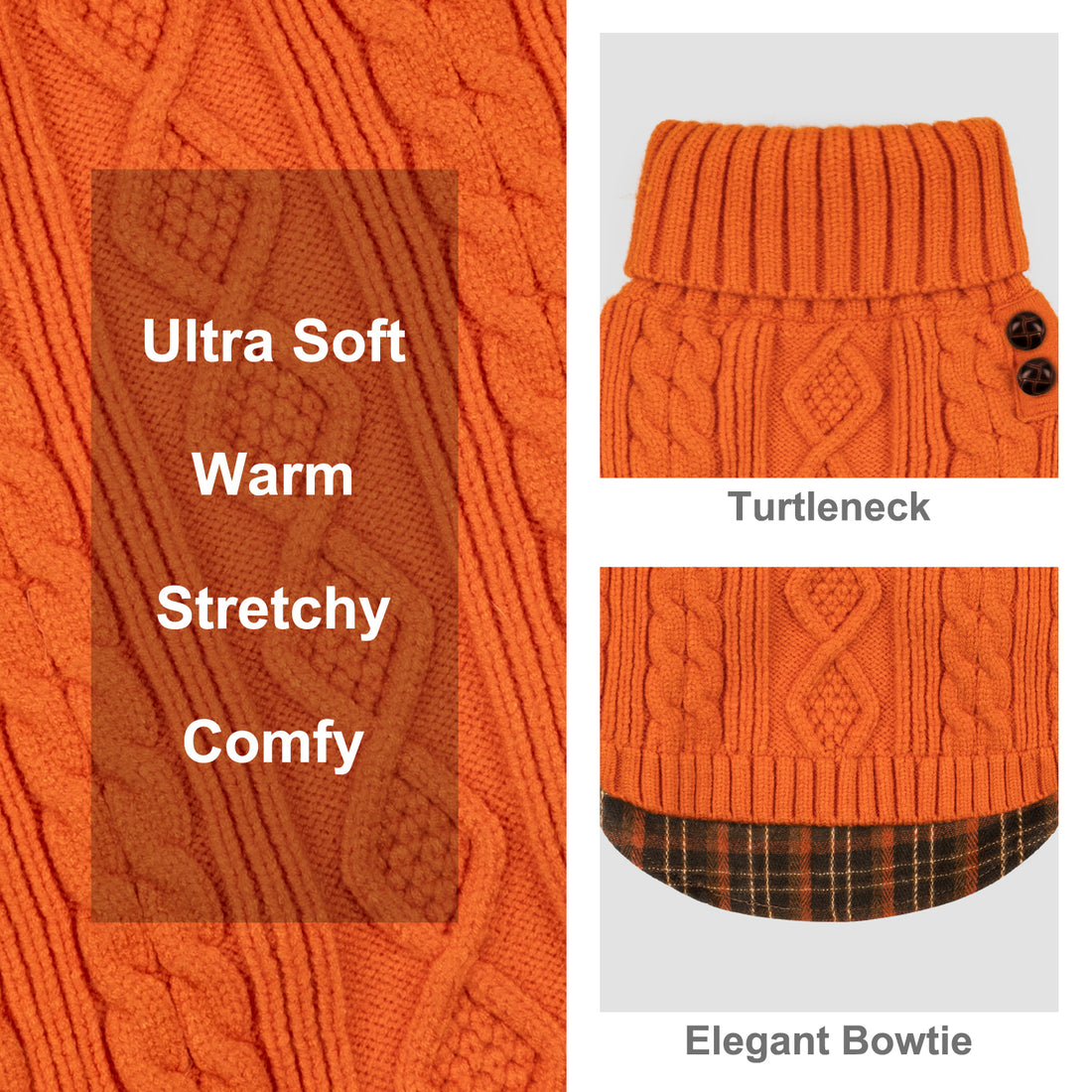 Orange dog turtleneck sweater with cable knit pattern, ribbed hem, and two buttons