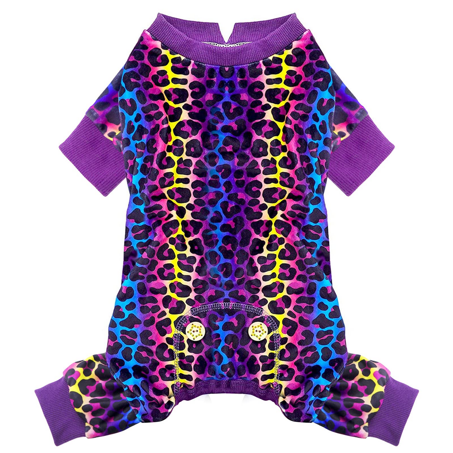 Leopard print dog onesie pajamas in purple with yellow and blue spots, round neck