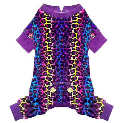 Leopard print dog onesie pajamas in purple with yellow and blue spots, round neck