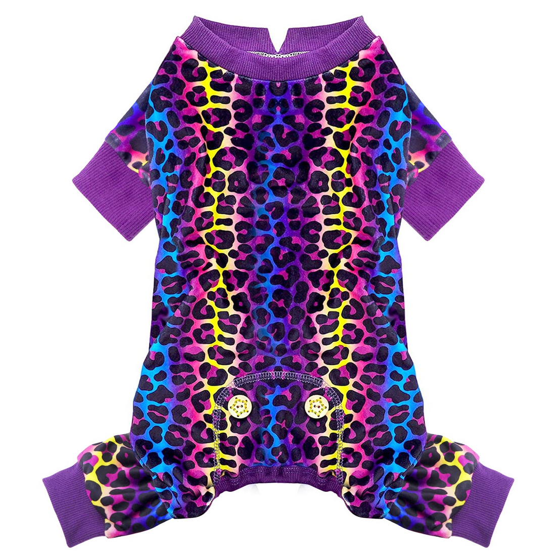 Leopard print dog onesie pajamas in purple with yellow and blue spots, round neck