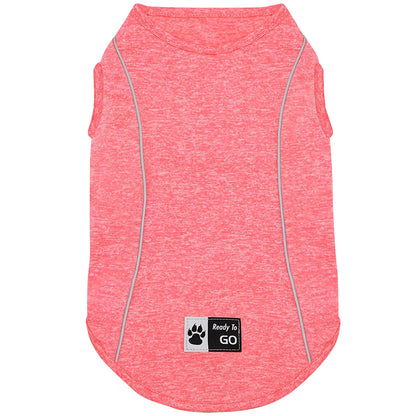 Pink heather sleeveless reflective dog shirt, back view with curved seams