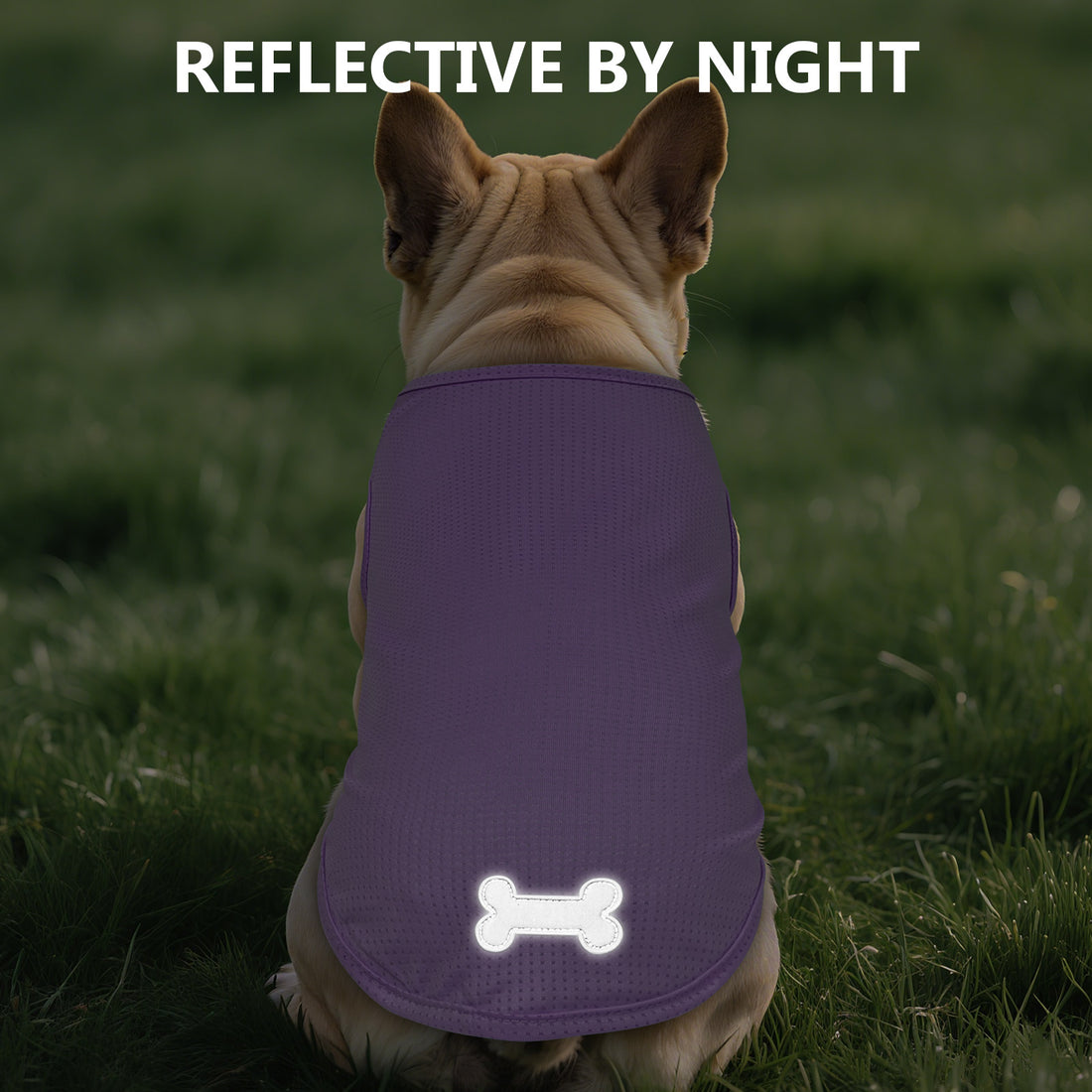 Purple mesh dog shirt with reflective bone logo at hem