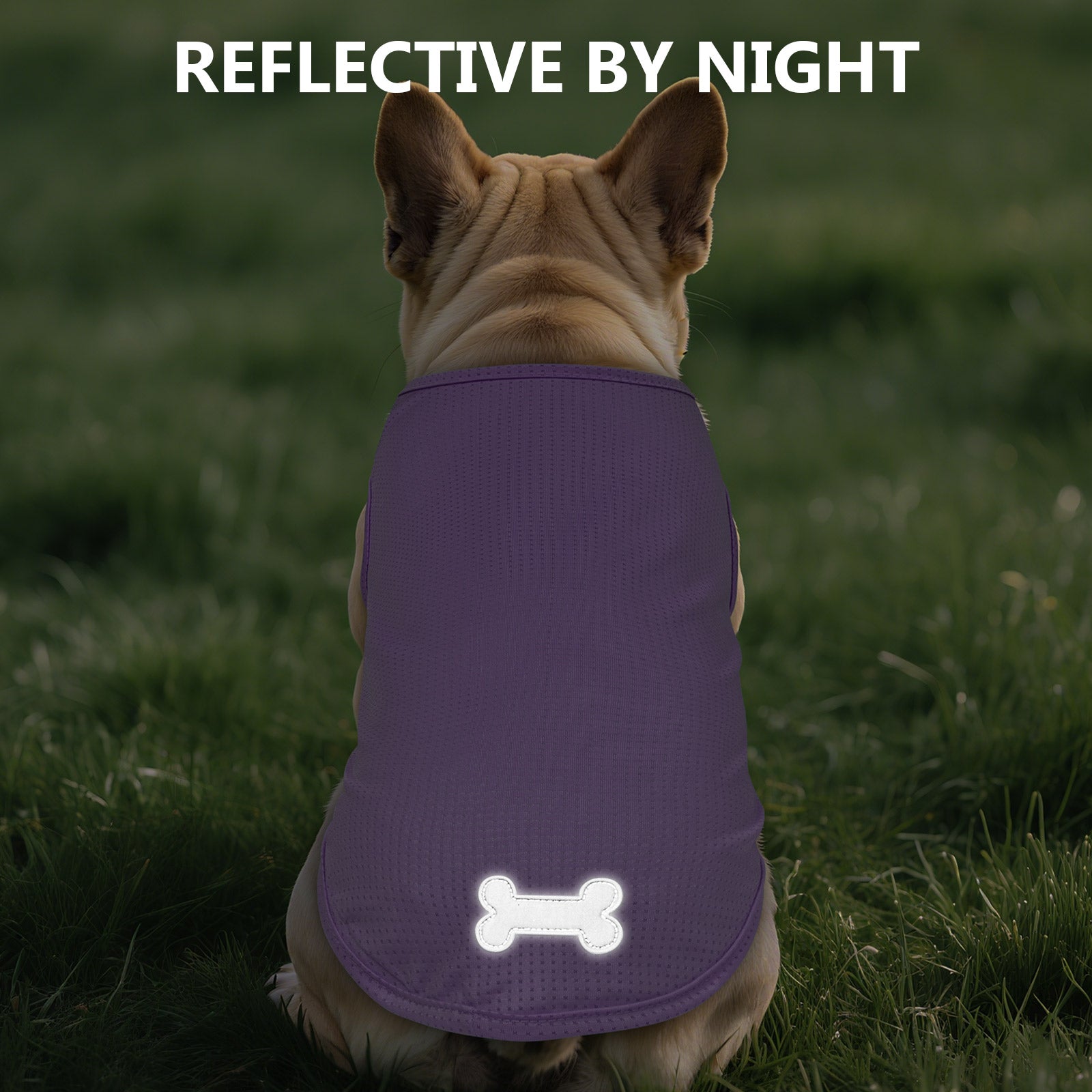 Purple mesh dog shirt with reflective bone logo at hem