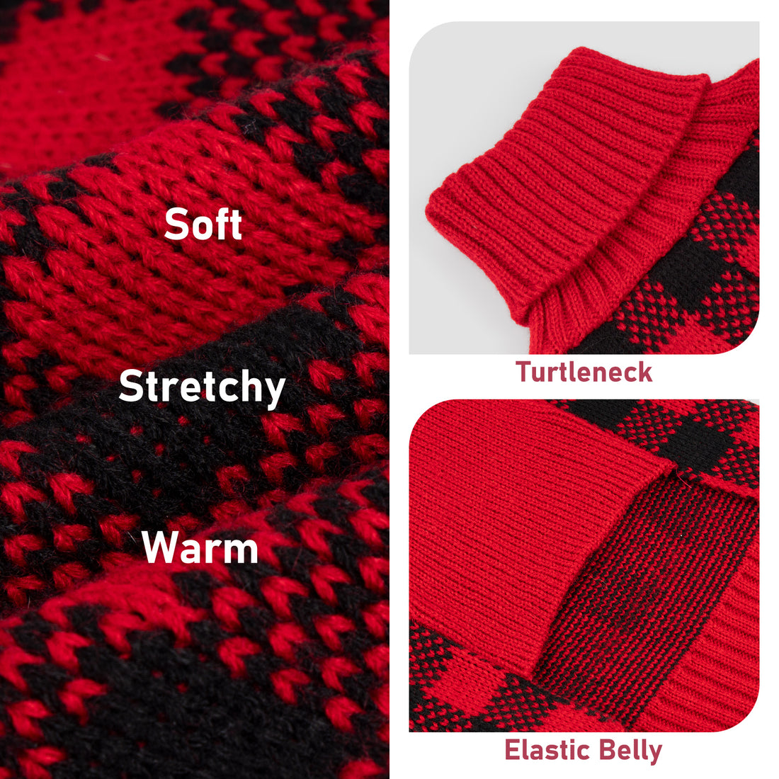 Red and black plaid dog sweater close-up with ribbed turtleneck and elastic belly