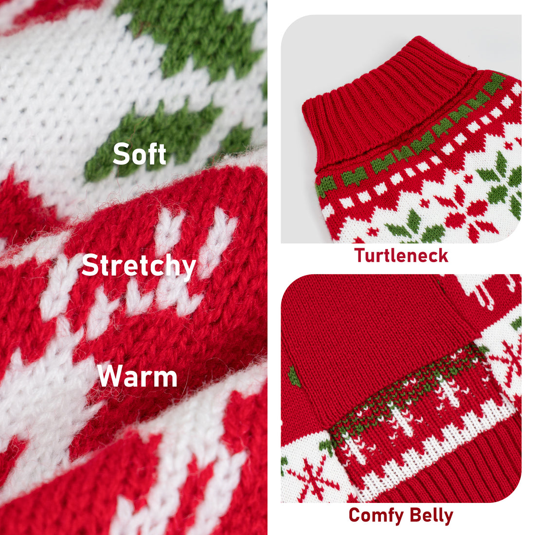 Close-up of red and white jacquard dog sweater knit with green accents, ribbed collar and hem