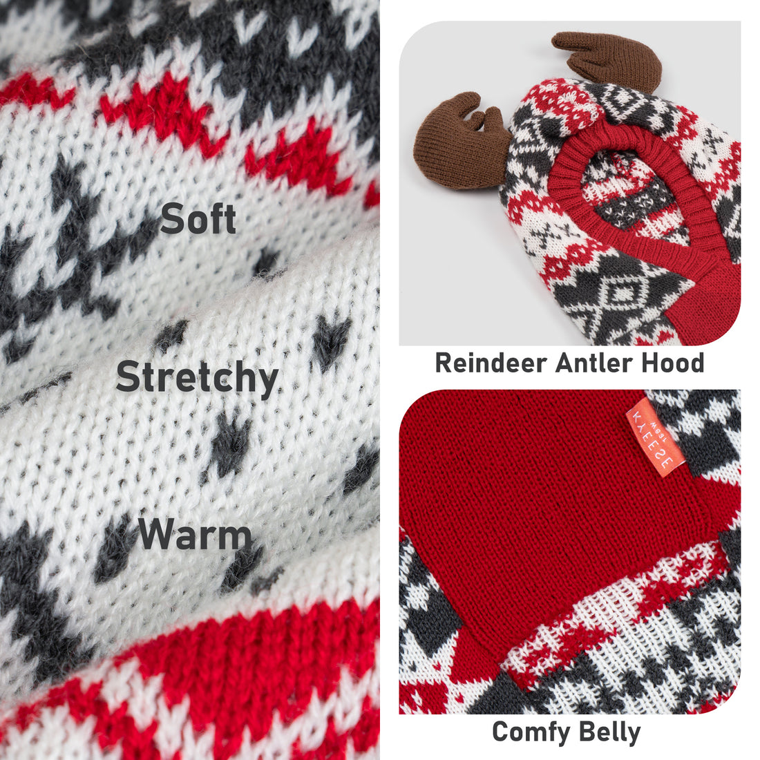 Dog sweater details: knit texture, reindeer antler hood and red belly panel