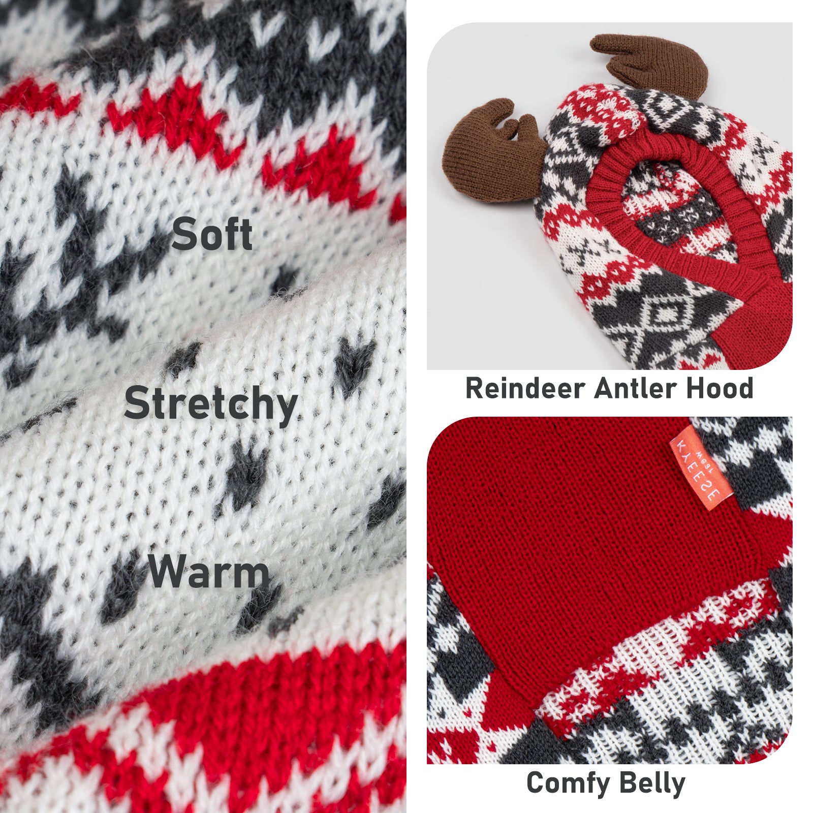 Dog sweater details: knit texture, reindeer antler hood and red belly panel