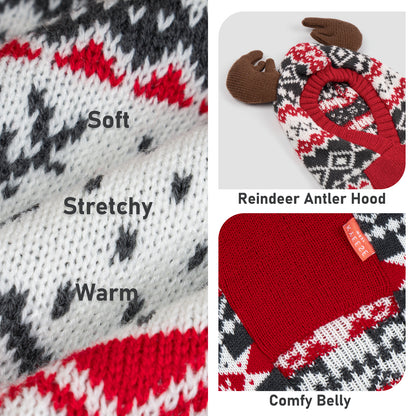 Dog sweater details: knit texture, reindeer antler hood and red belly panel