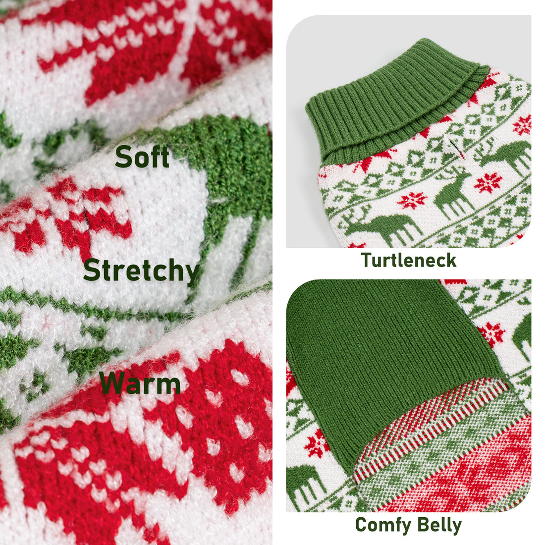Dog sweater knit close-up with ribbed green turtleneck and fair isle pattern