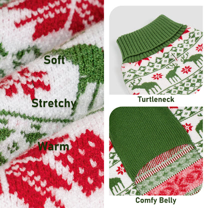 Dog sweater knit close-up with ribbed green turtleneck and fair isle pattern