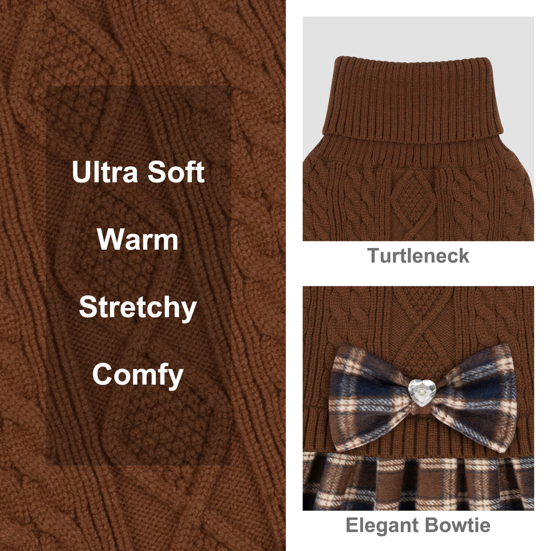Brown cable knit dog sweater with turtleneck and plaid skirt, jeweled bow detail