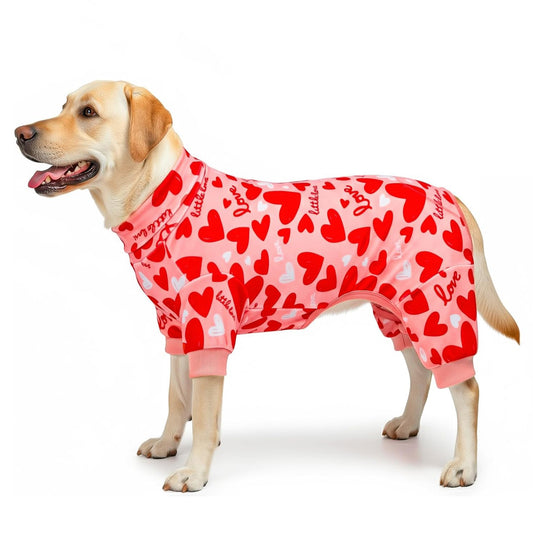 Heart-print dog onesie pajama with red-and-white fabric and pink cuffed sleeves
