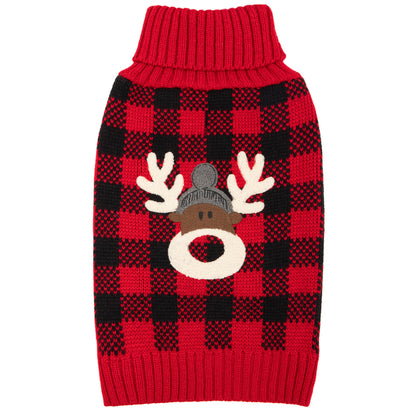 Red and black plaid knit dog sweater with reindeer face applique on the front.