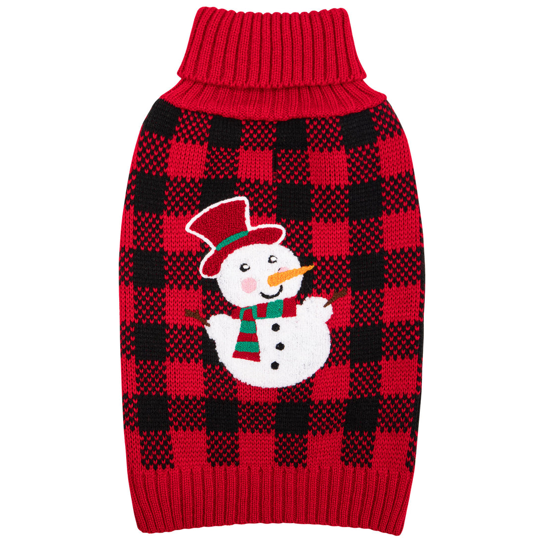 Dog sweater in red and black plaid with snowman applique, red ribbed turtleneck