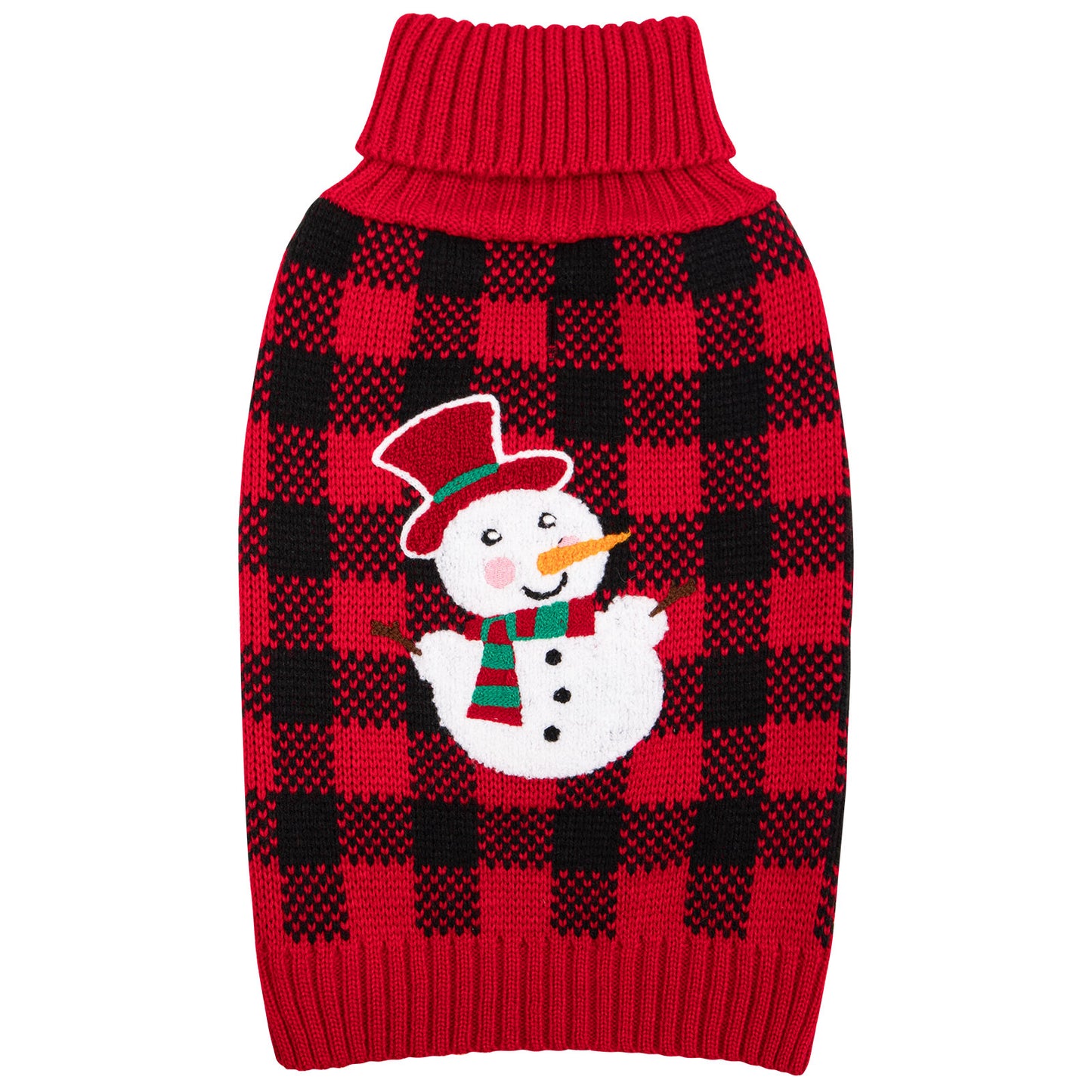 Dog sweater in red and black plaid with snowman applique, red ribbed turtleneck