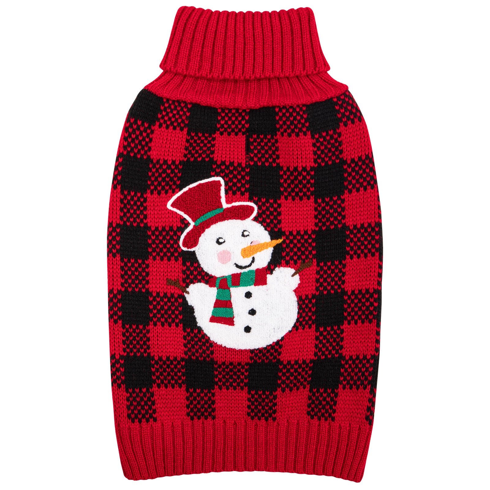 Dog sweater in red and black plaid with snowman applique, red ribbed turtleneck