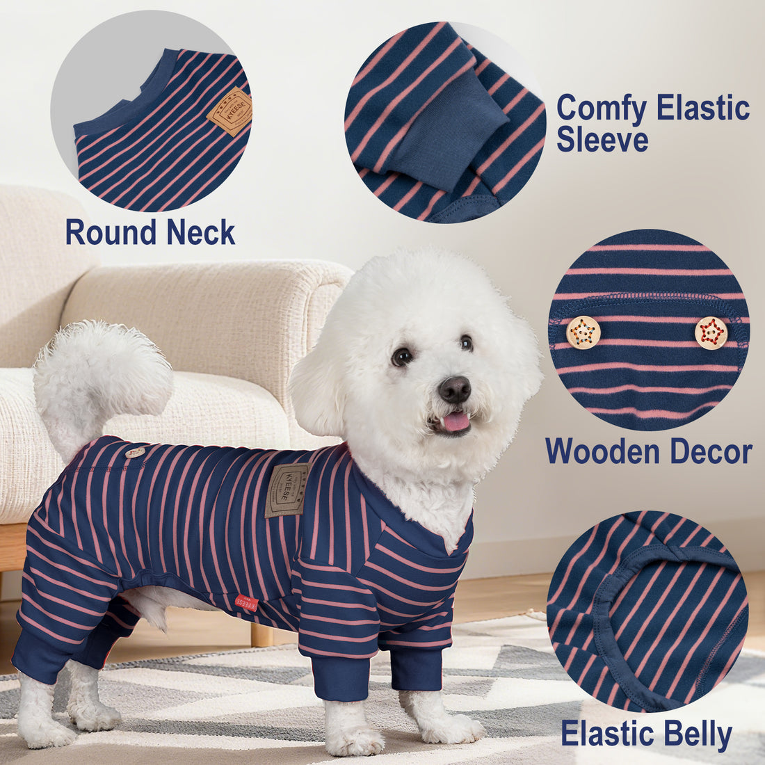 Striped dog onesie pajamas with round neck, elastic sleeves, and button belly, navy and pink
