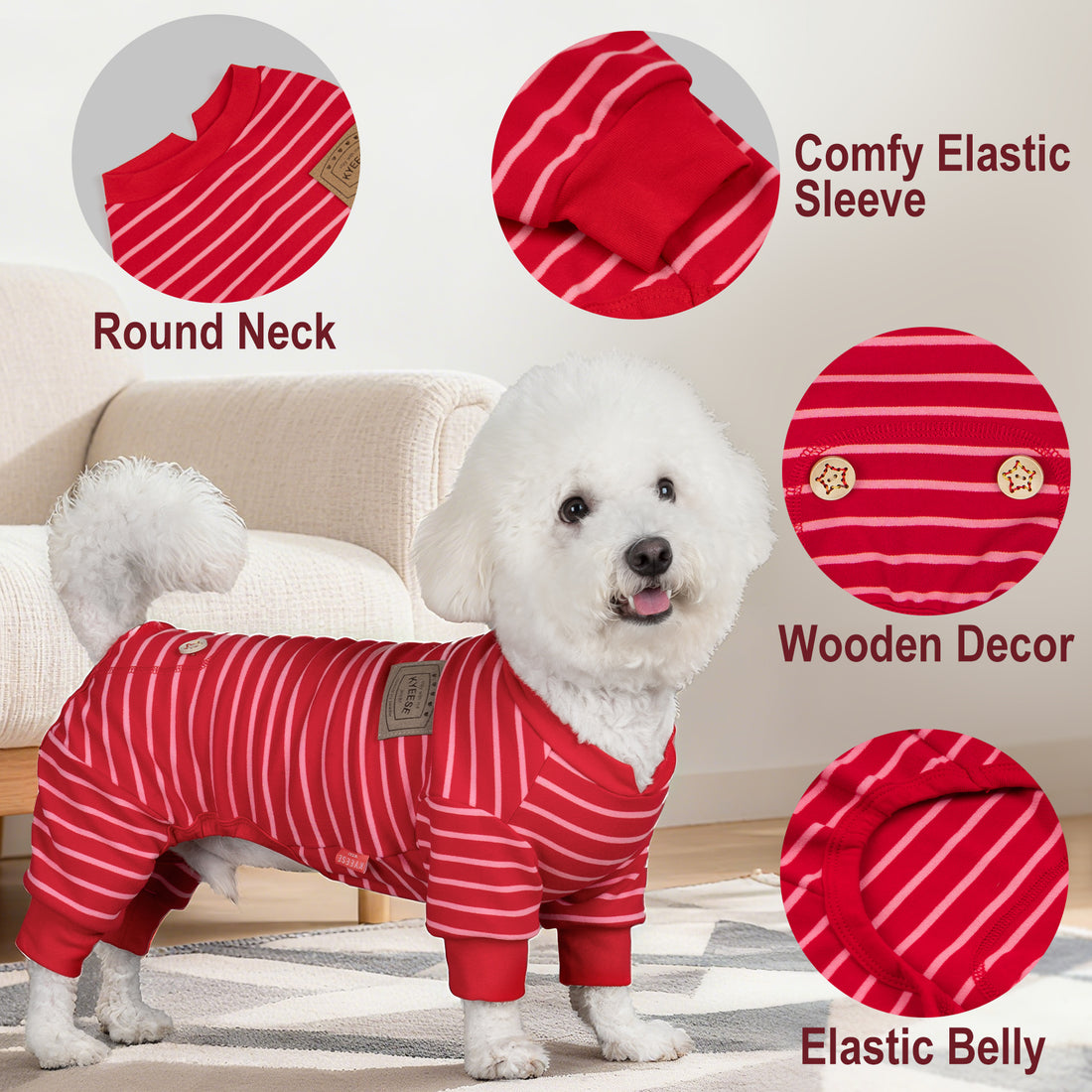 Red striped dog onesie pajamas with white lines, round neck, and elastic sleeves