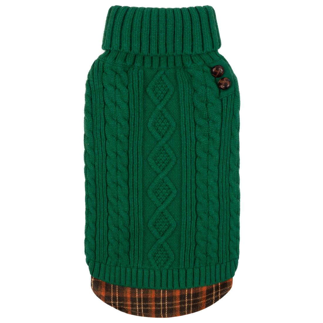 Green cable-knit turtleneck dog sweater with ribbed collar and two-button detail