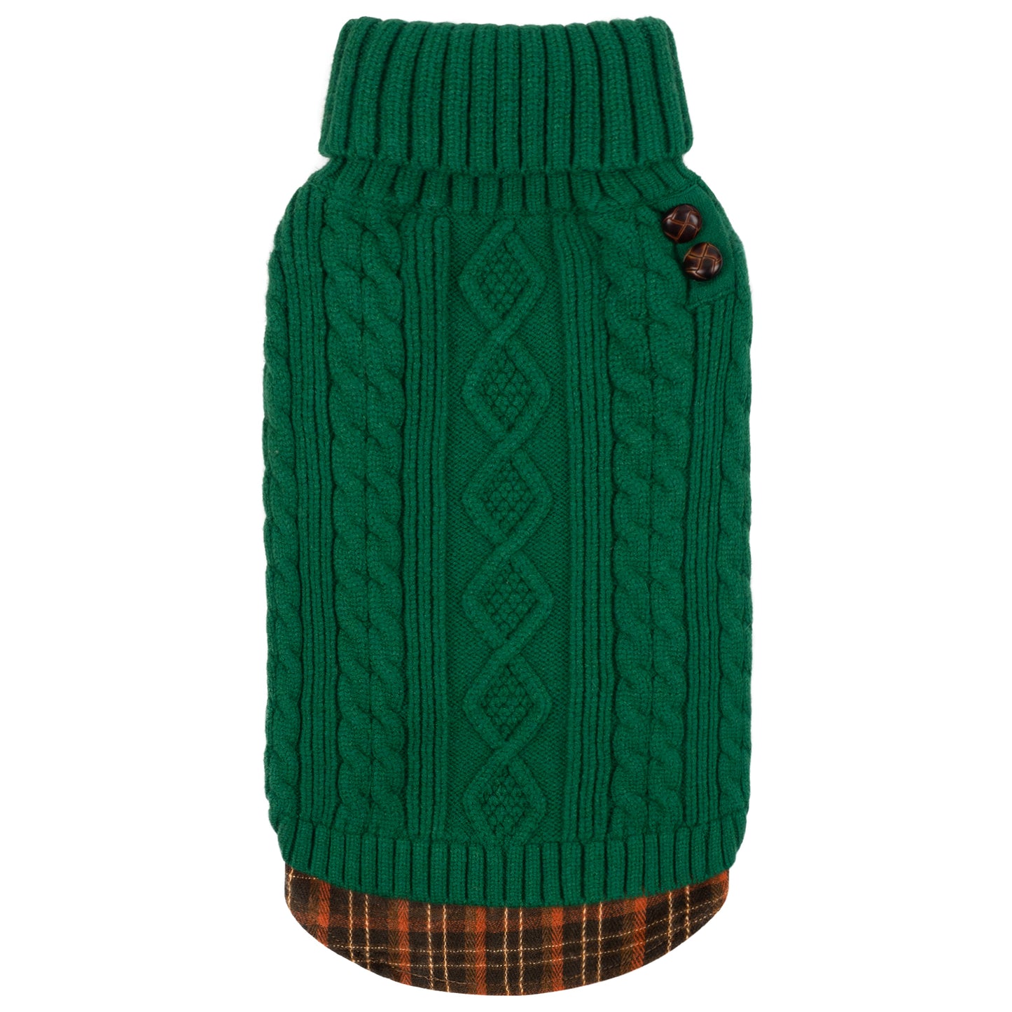 Green cable-knit turtleneck dog sweater with ribbed collar and two-button detail