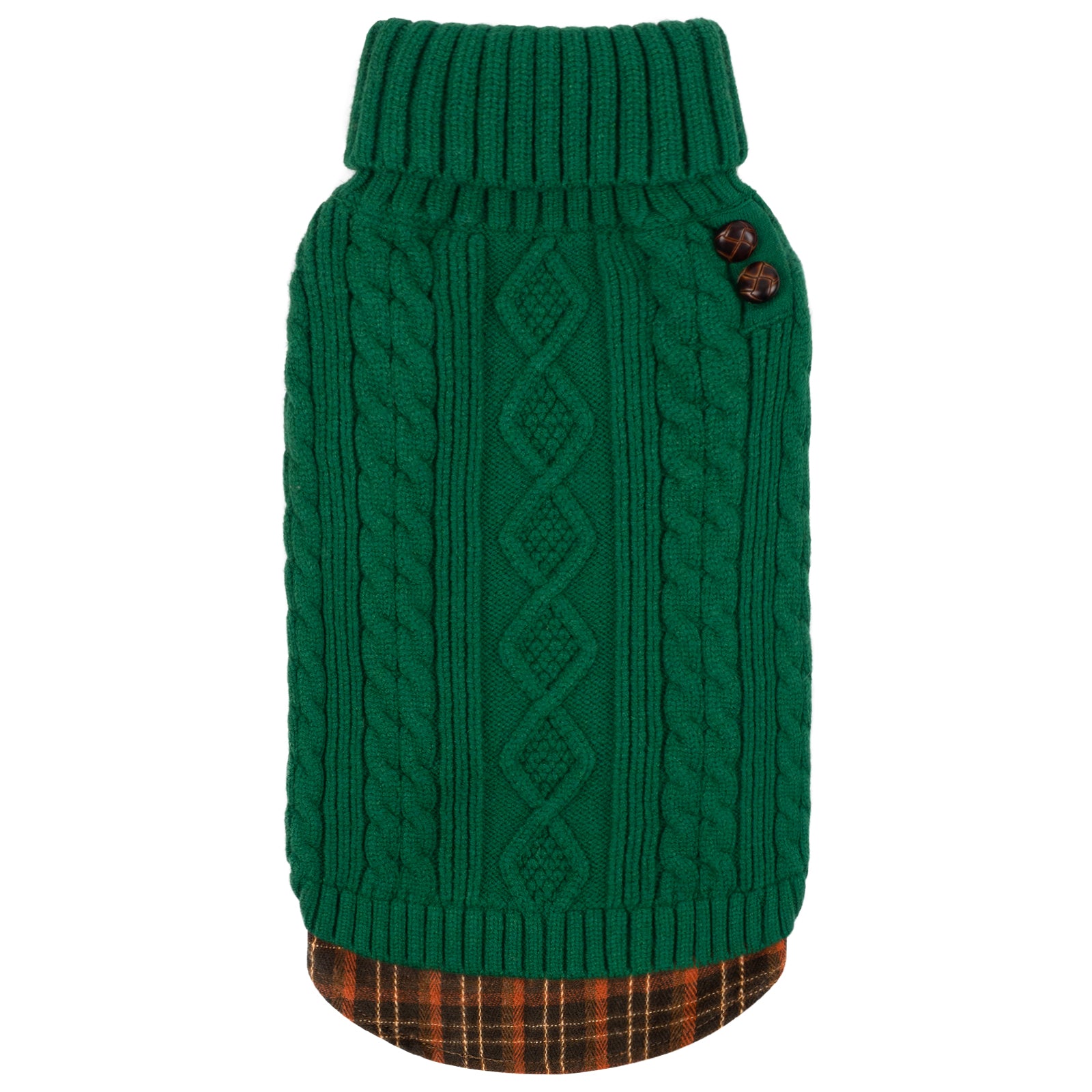 Green cable-knit turtleneck dog sweater with ribbed collar and two-button detail