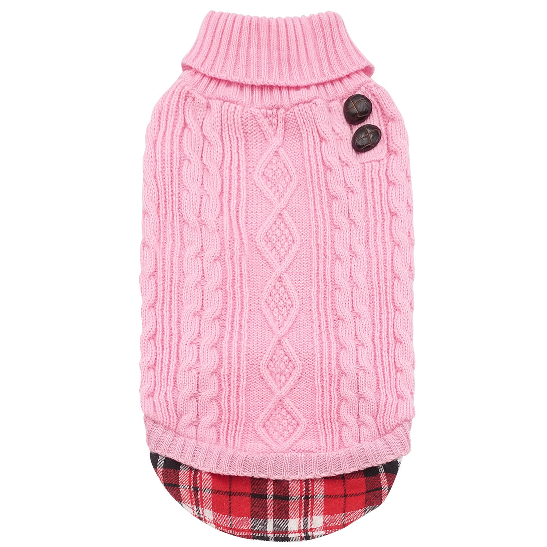 Pink turtleneck dog sweater with cable knit pattern and ribbed collar, two button details