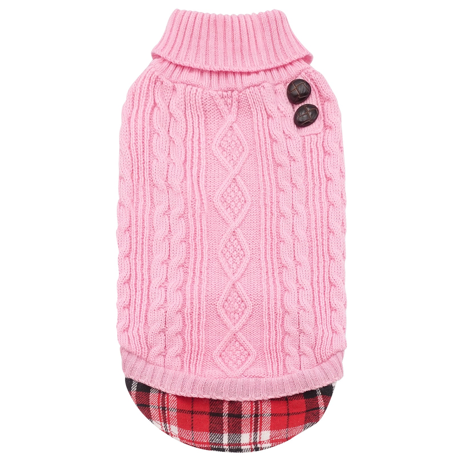Pink turtleneck dog sweater with cable knit pattern and ribbed collar, two button details