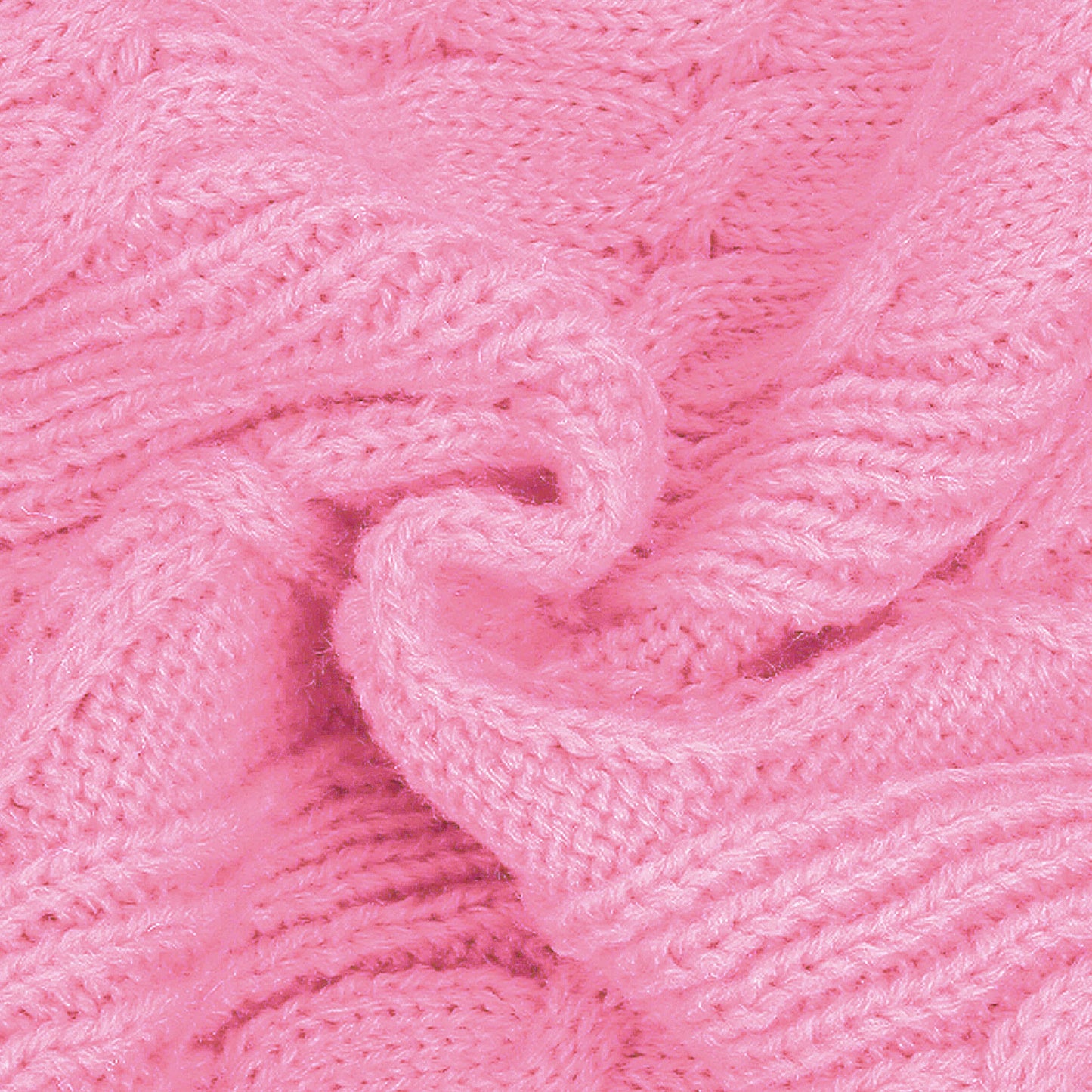 Pink cable-knit dog sweater fabric with textured raised stitch pattern
