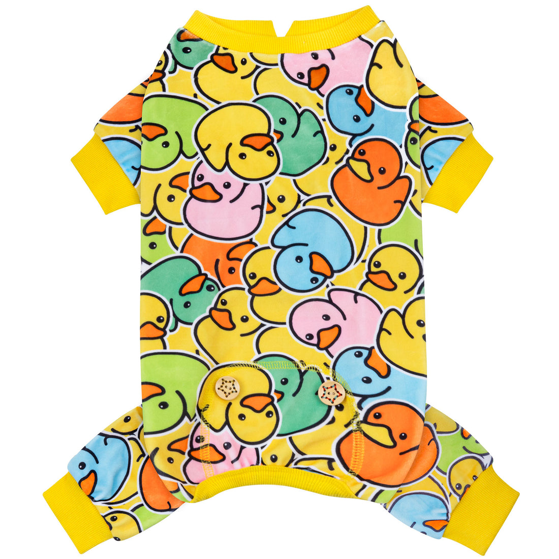 Dog onesie pajamas with duck pattern, yellow trim and short sleeves
